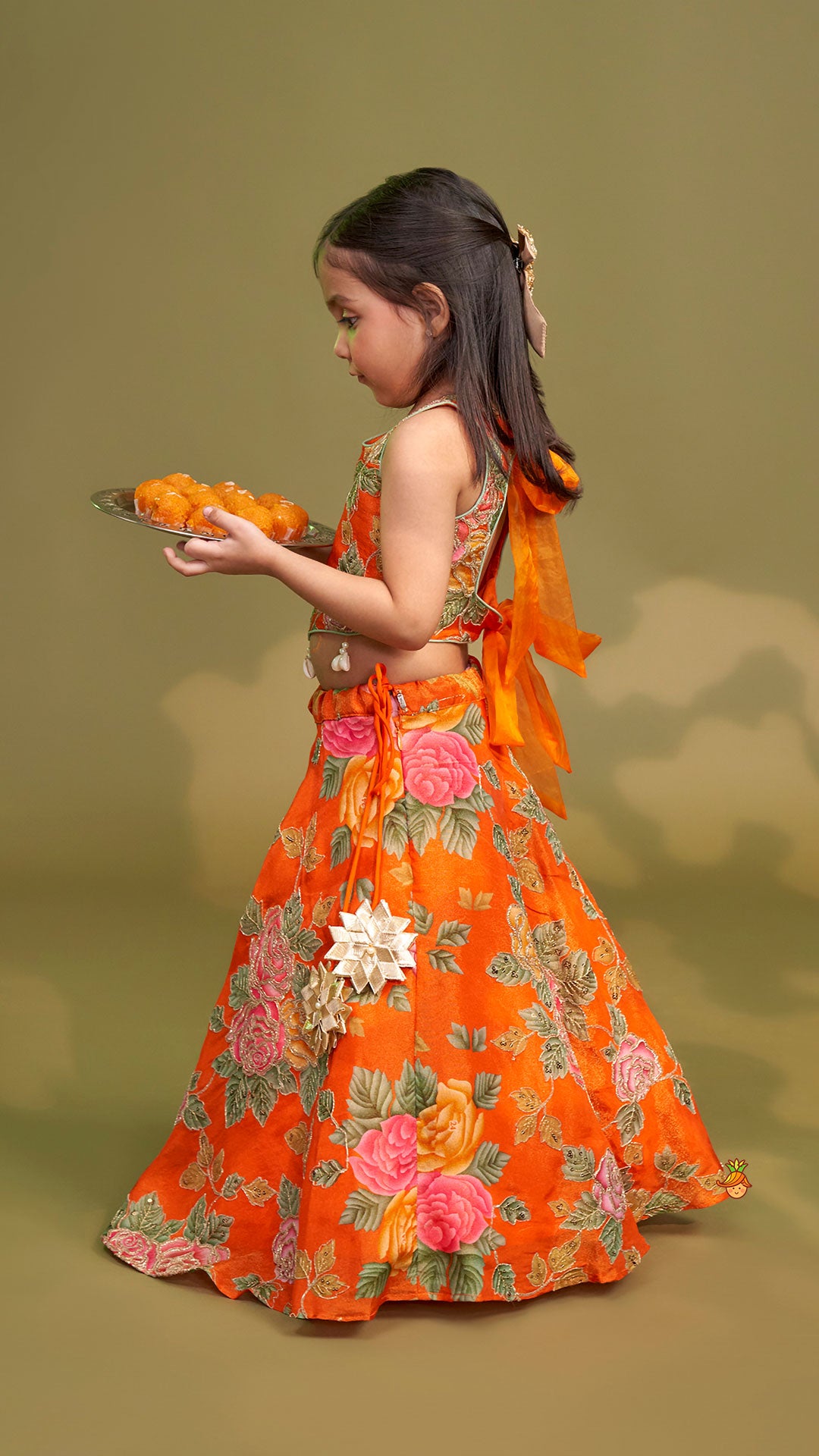Elegant Orange Floral Printed Top With Lehenga And Dupatta