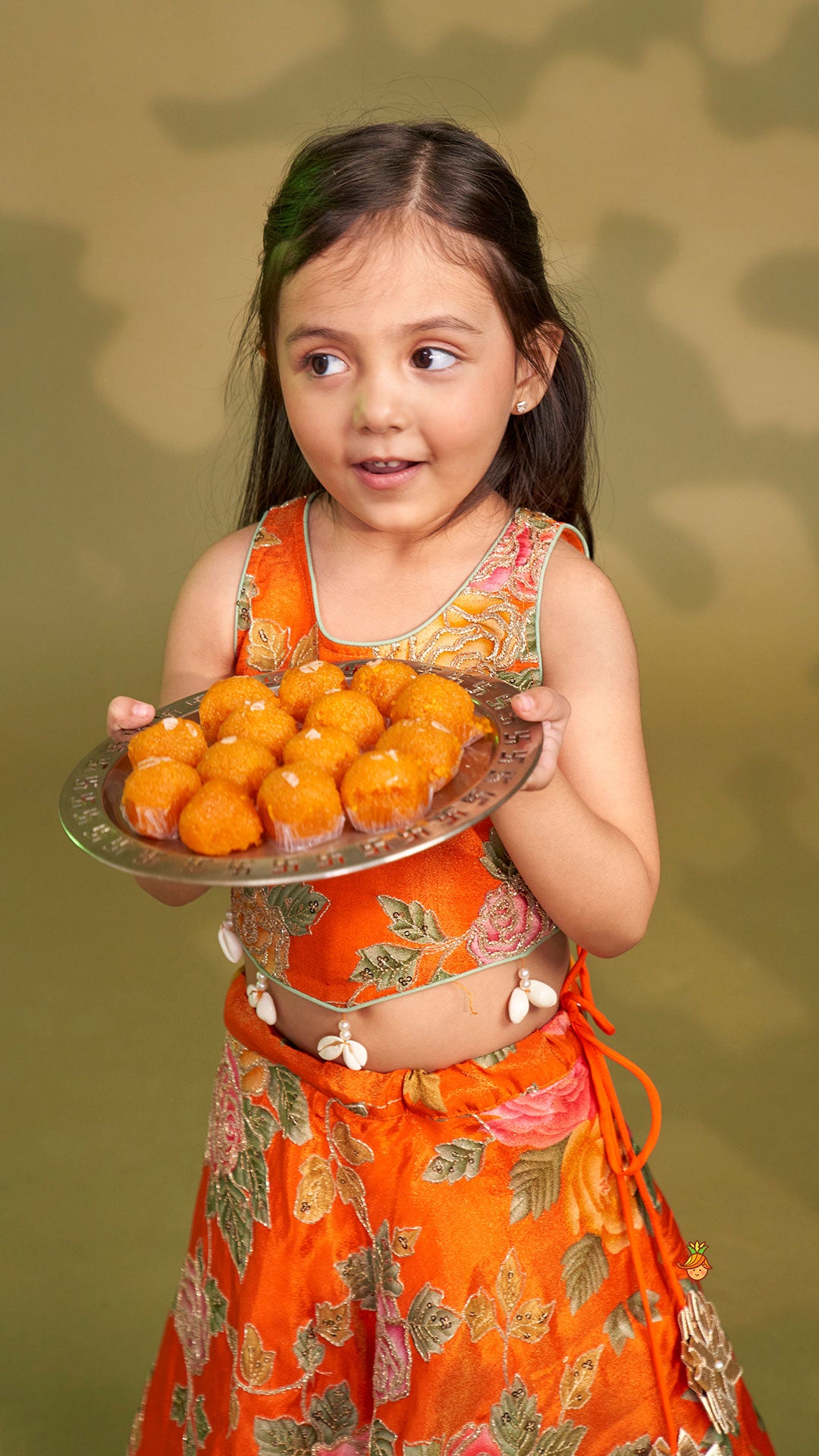 Elegant Orange Floral Printed Top With Lehenga And Dupatta