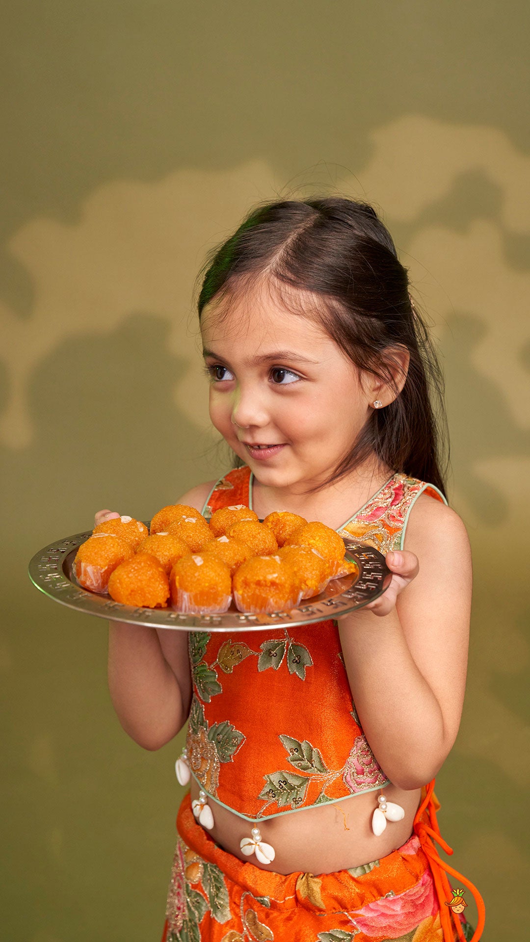 Elegant Orange Floral Printed Top With Lehenga And Dupatta