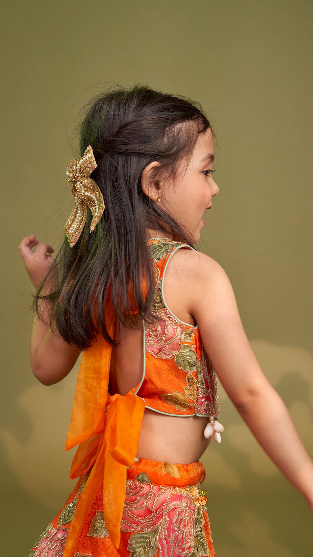Elegant Orange Floral Printed Top With Lehenga And Dupatta