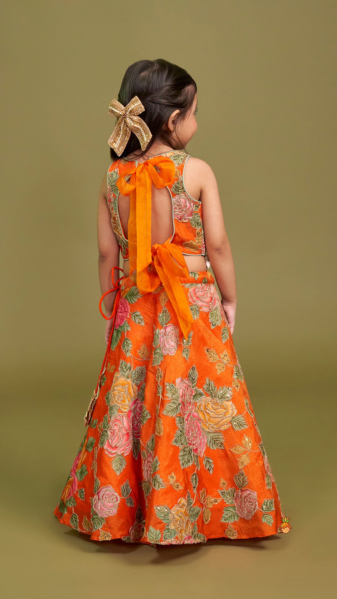 Elegant Orange Floral Printed Top With Lehenga And Dupatta