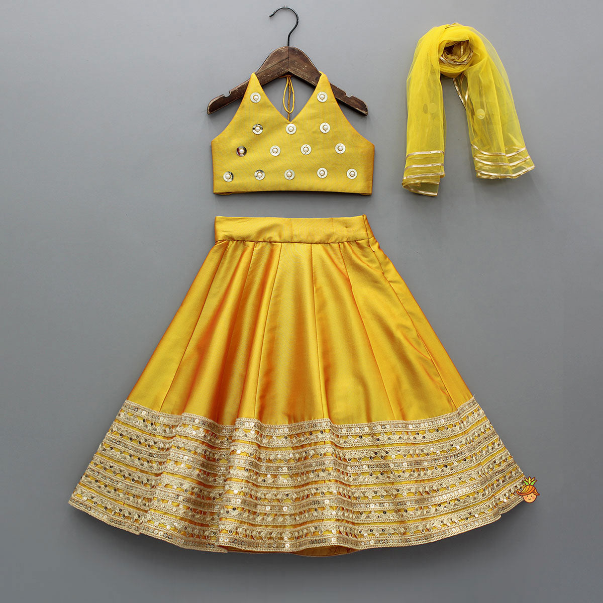 Open Back Halter Neck Mustard Yellow Top And Flared Lehenga With Gota Lace Detail Dupatta