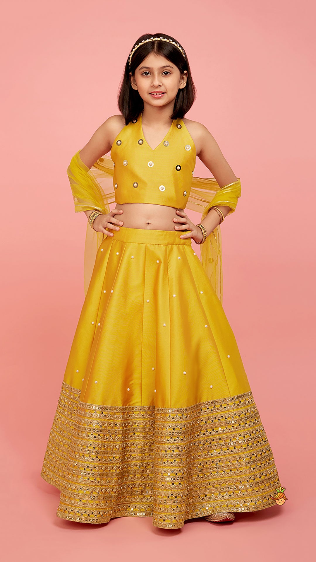 Open Back Halter Neck Mustard Yellow Top And Flared Lehenga With Gota Lace Detail Dupatta