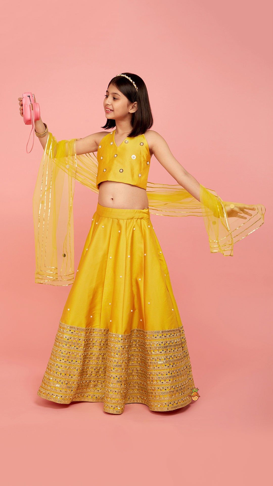Open Back Halter Neck Mustard Yellow Top And Flared Lehenga With Gota Lace Detail Dupatta
