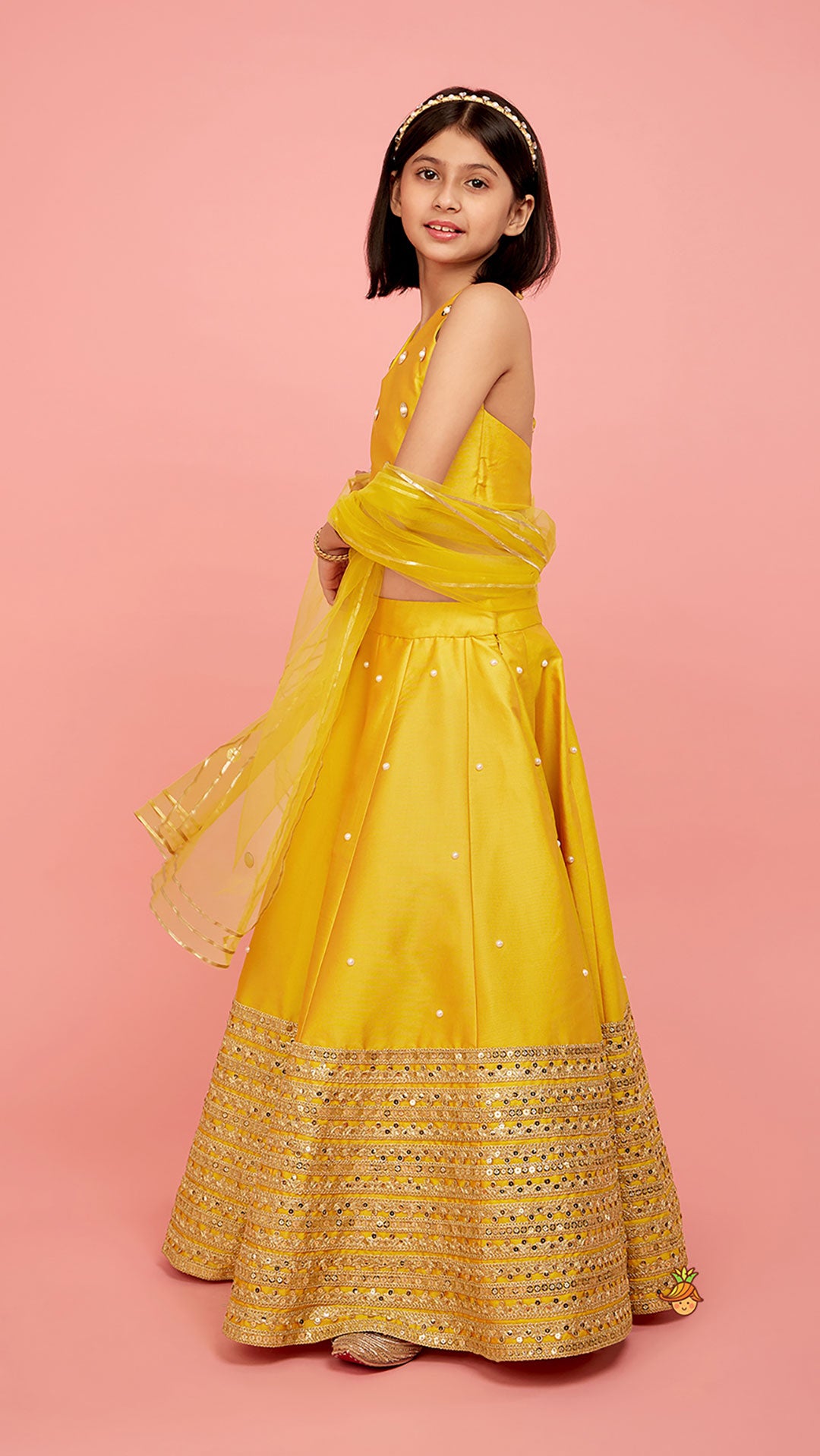Open Back Halter Neck Mustard Yellow Top And Flared Lehenga With Gota Lace Detail Dupatta