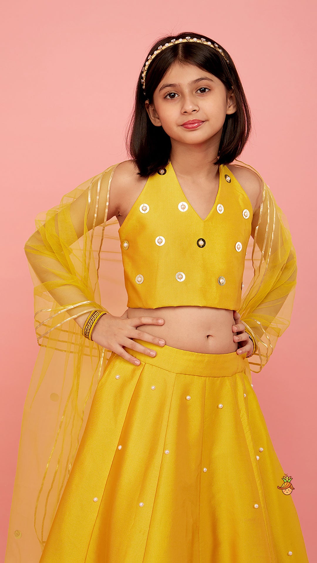 Open Back Halter Neck Mustard Yellow Top And Flared Lehenga With Gota Lace Detail Dupatta