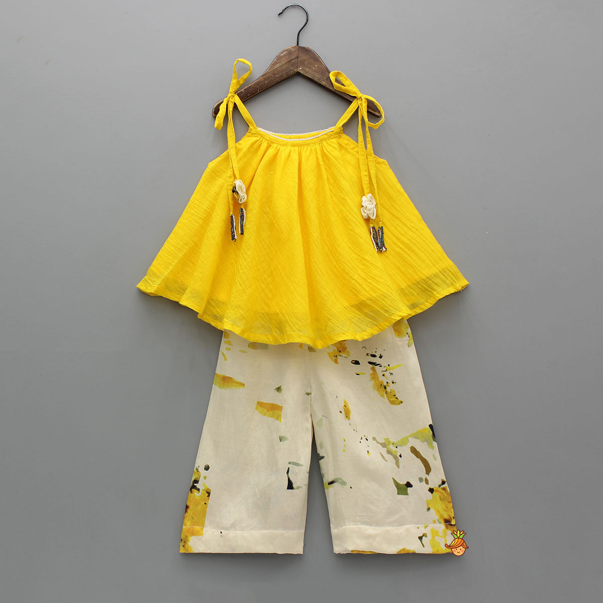 Yellow Flared Tie Up Top With Printed Palazzo