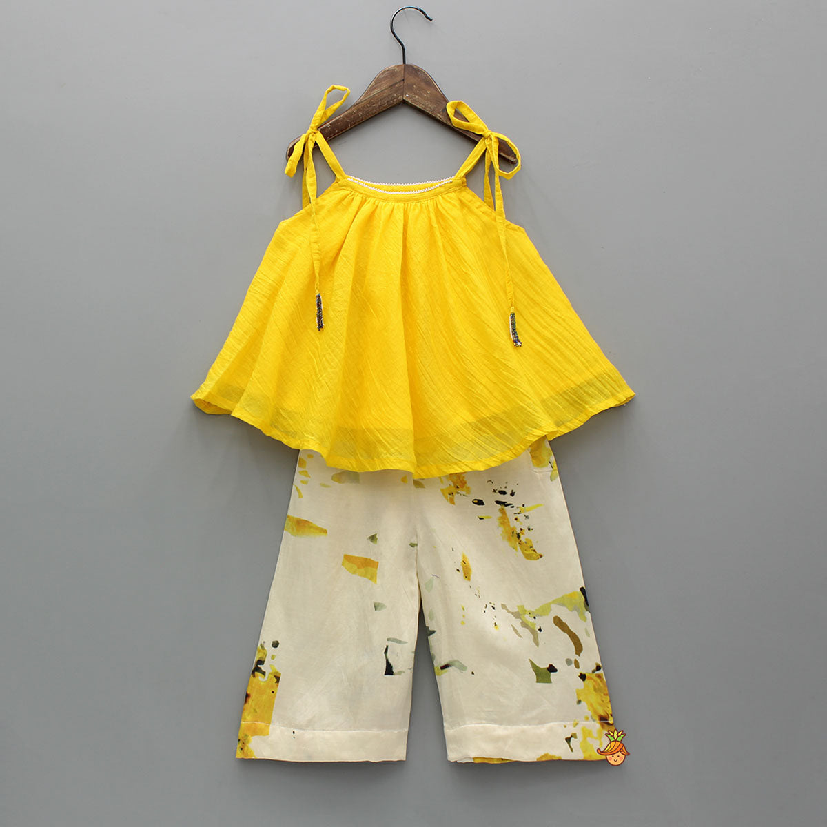 Yellow Flared Tie Up Top With Printed Palazzo