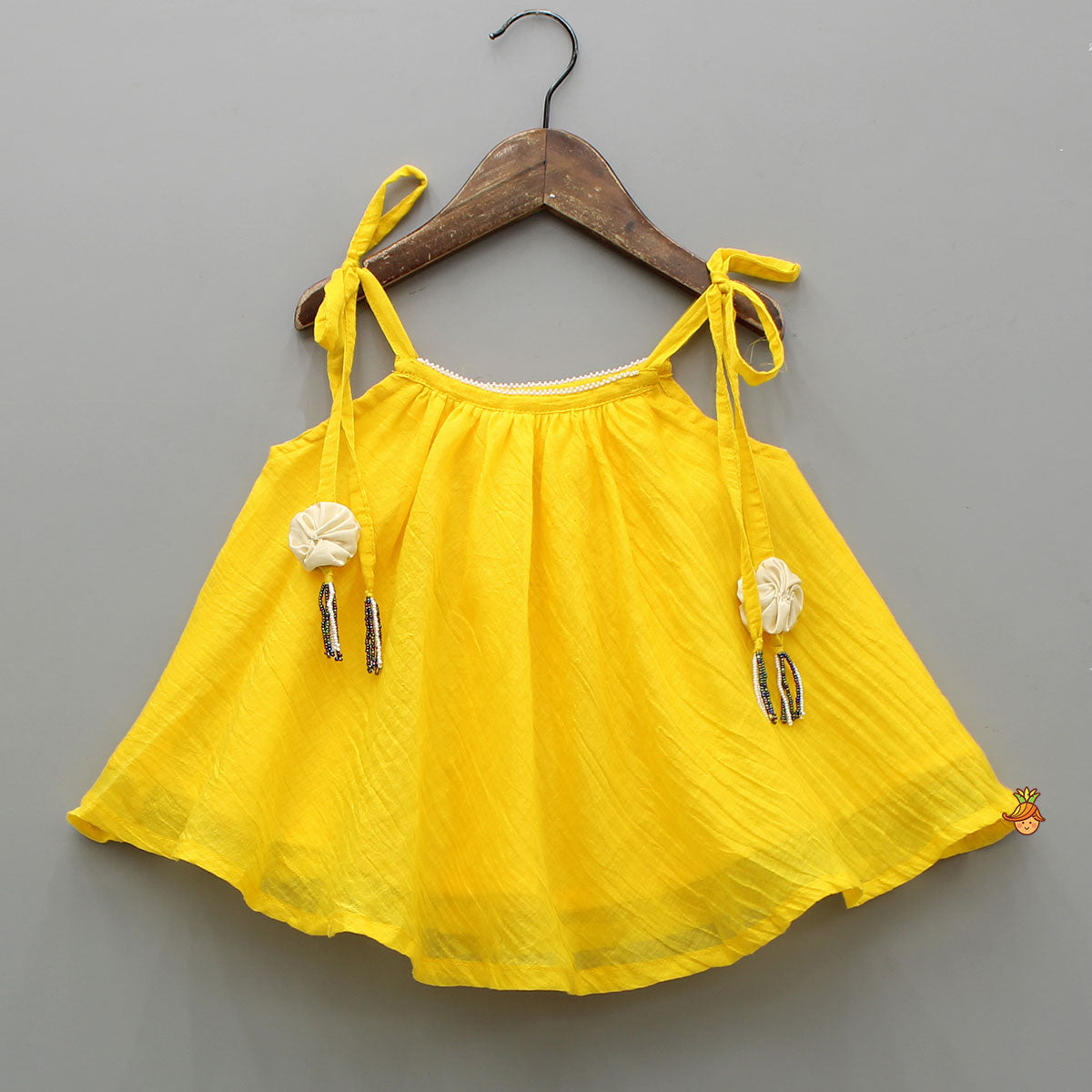 Yellow Flared Tie Up Top With Printed Palazzo