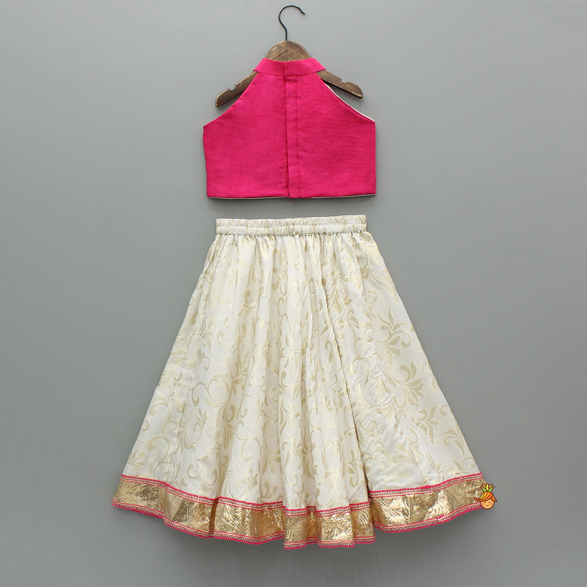Stylish Pink Halter Neck Top With Brocade Lehenga