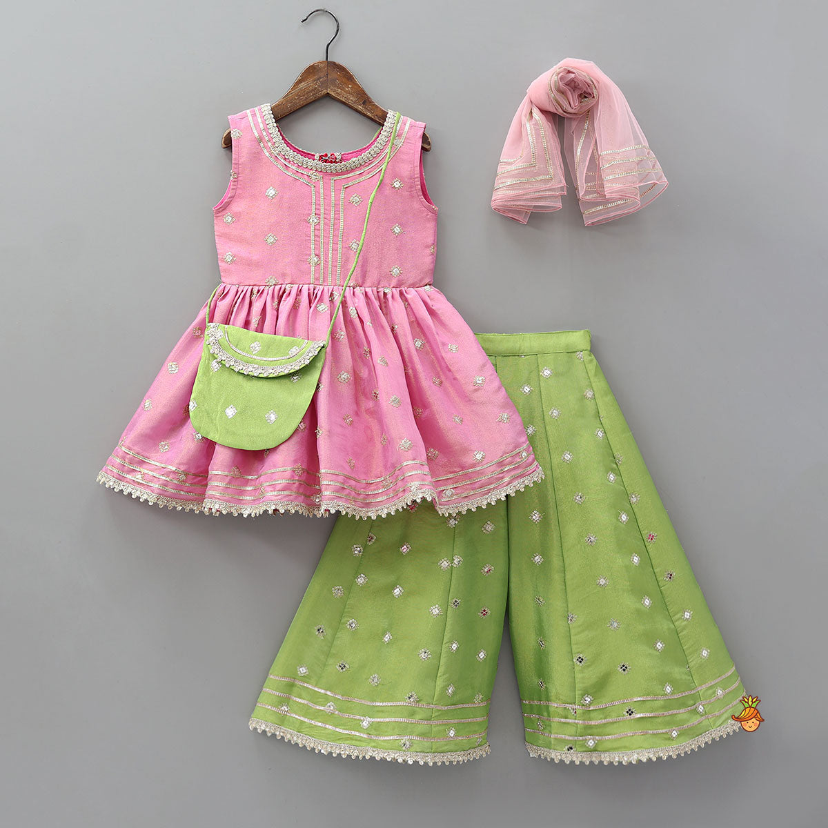 Beautiful Shimmery Kurti With Shimmery Palazzo And Dupatta With Sling Bag