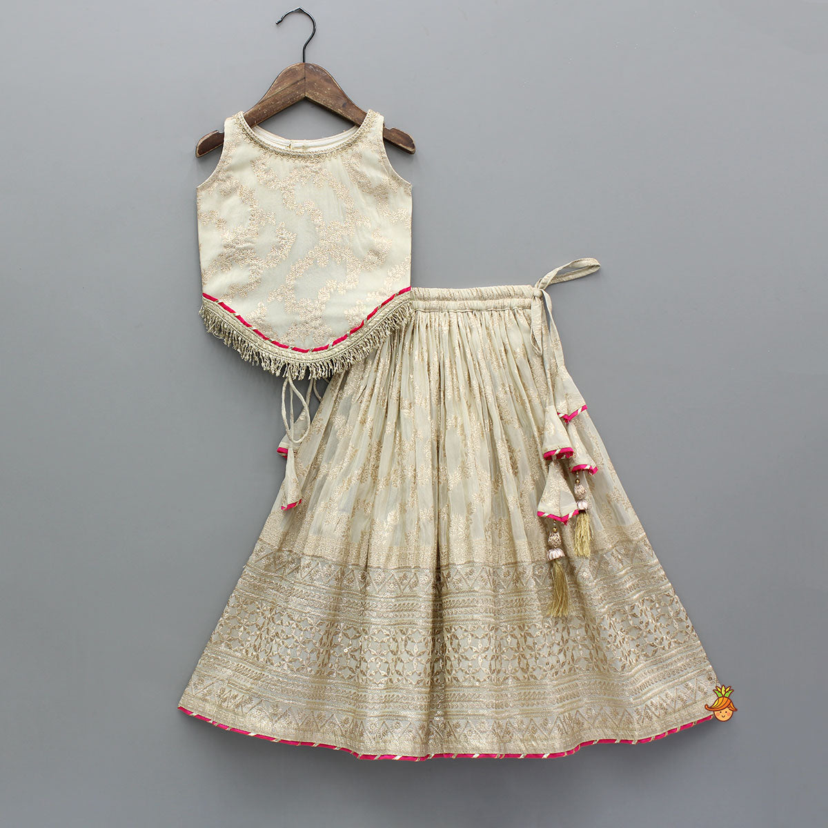 Lace Adorned Floral Sleeveless Top With Sequin Detailed Lehenga