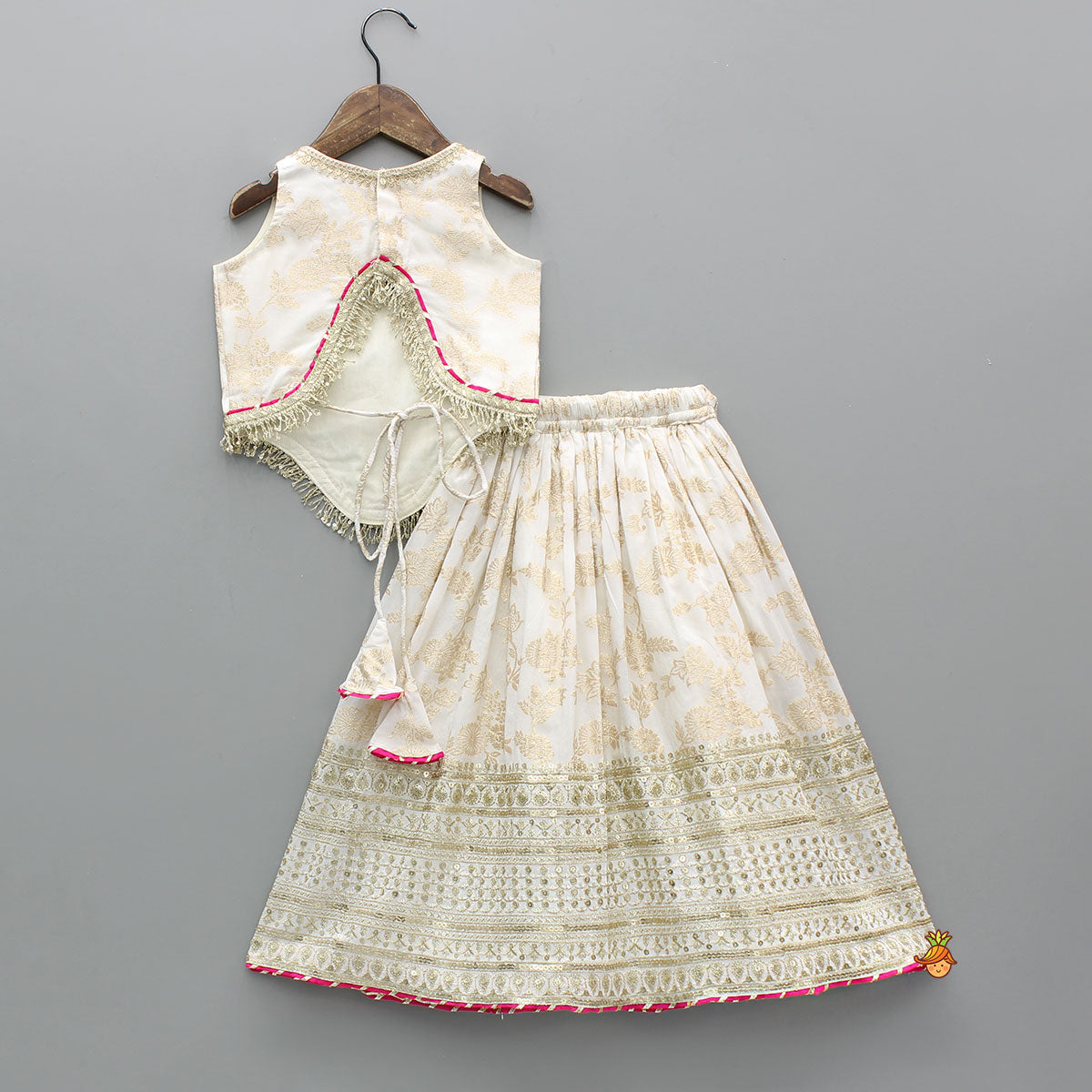 Lace Adorned Floral Sleeveless Top With Sequin Detailed Lehenga