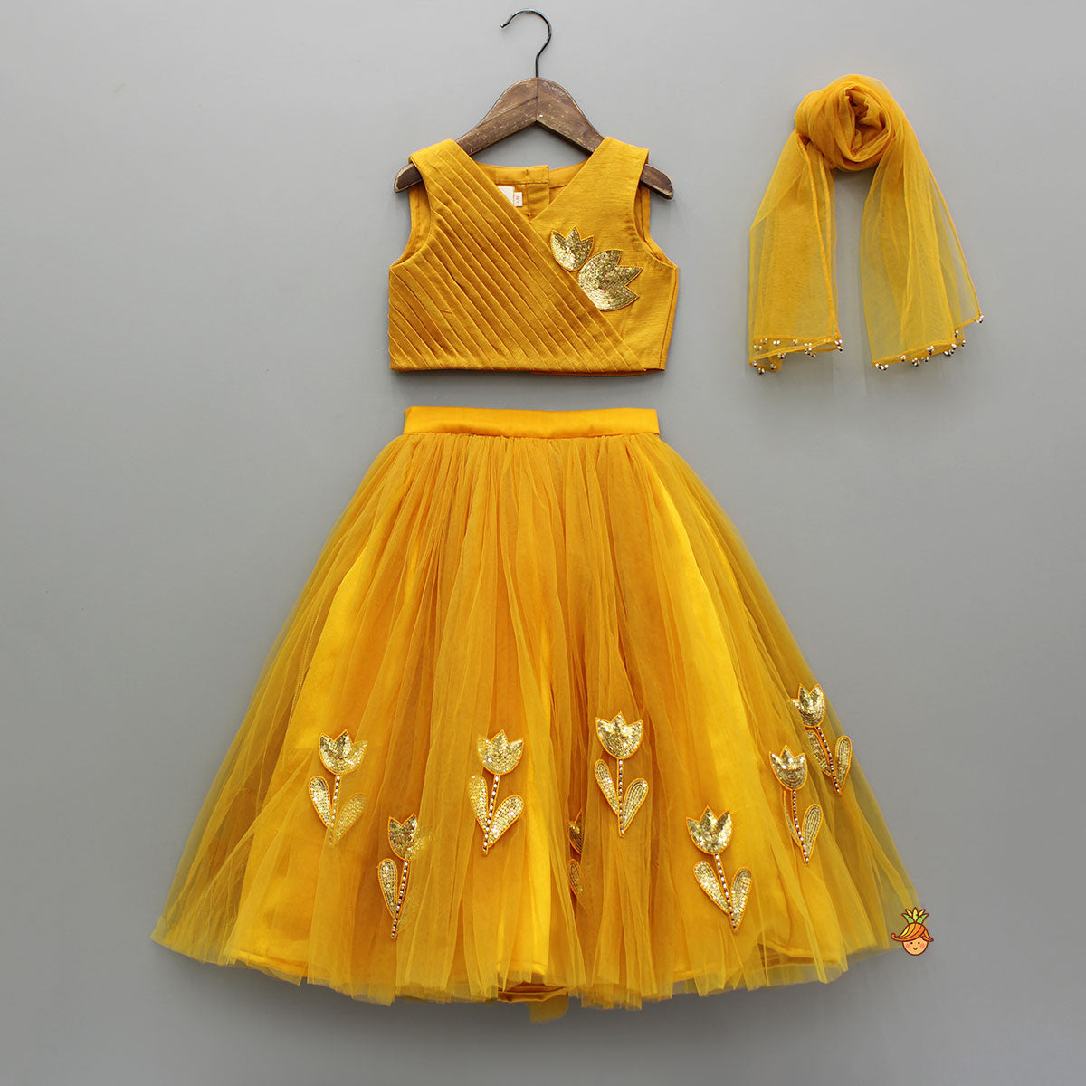 Sequins Embroidered Pleat Detailed Top With Tulle Lehenga And Dupatta