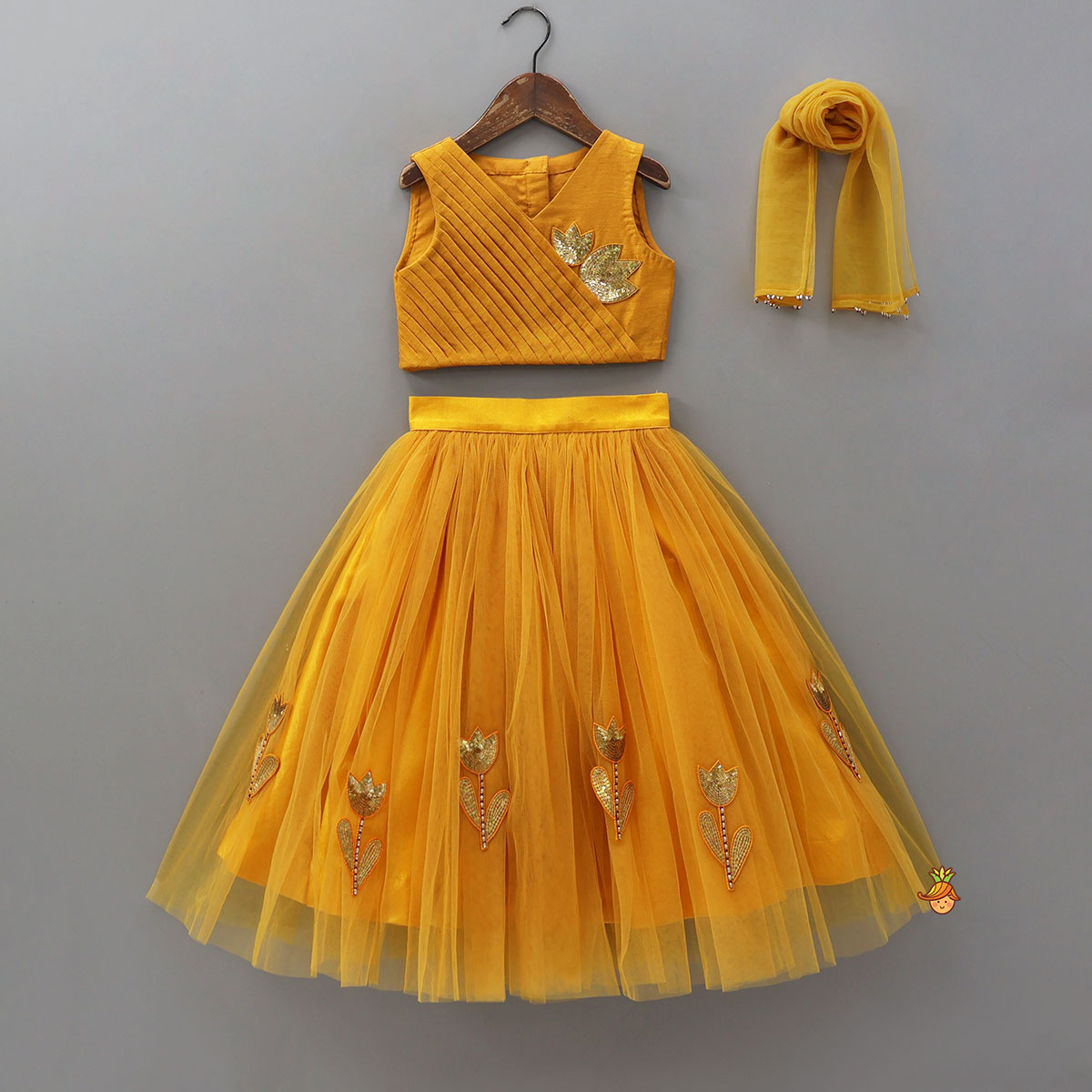 Sequins Embroidered Pleat Detailed Top With Tulle Lehenga And Dupatta