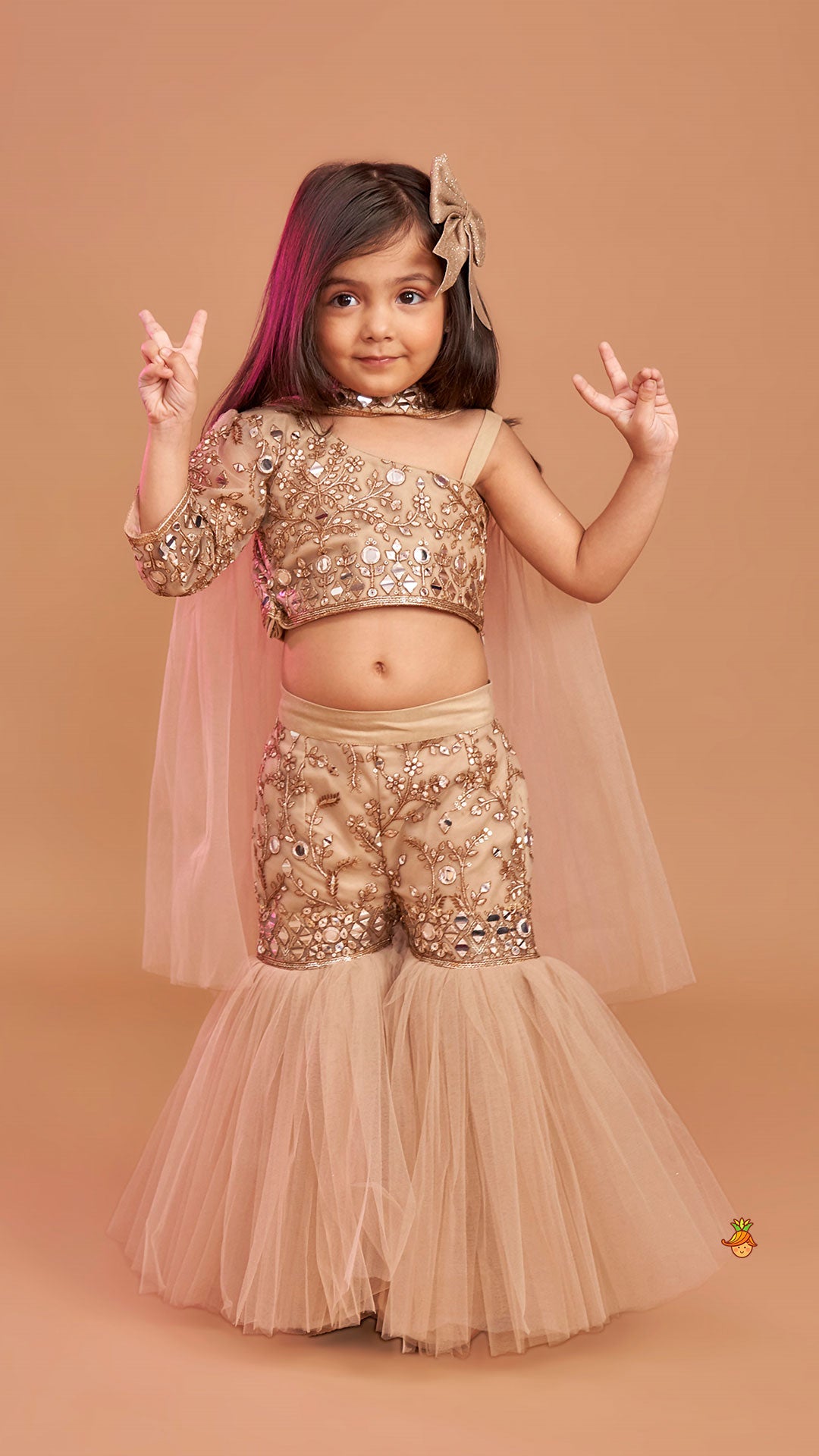 Stunning Faux Mirror Embroidered One Shoulder Top With Sharara And Dupatta With Bow Hair Clip
