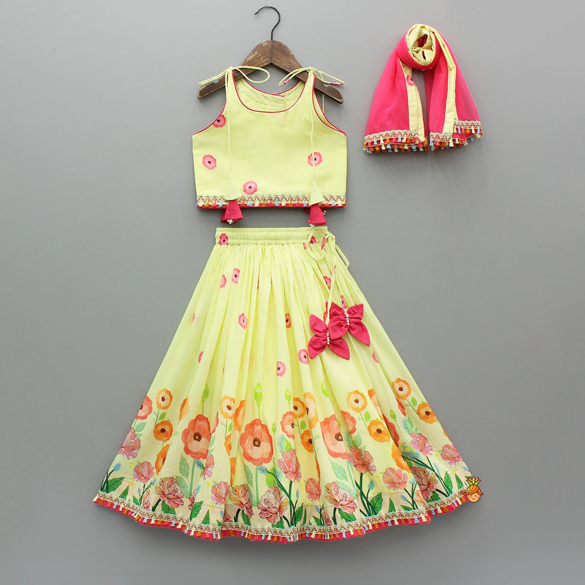 Yellow Floral Printed Tie Up Top With Matching Lehenga And Dupatta