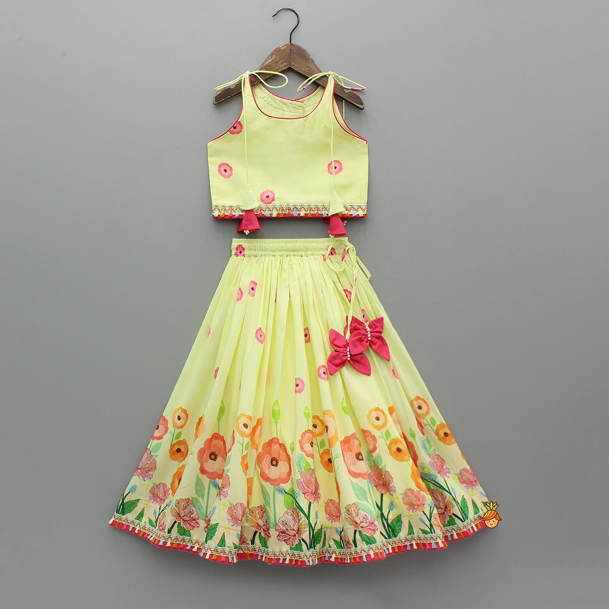Yellow Floral Printed Tie Up Top With Matching Lehenga And Dupatta