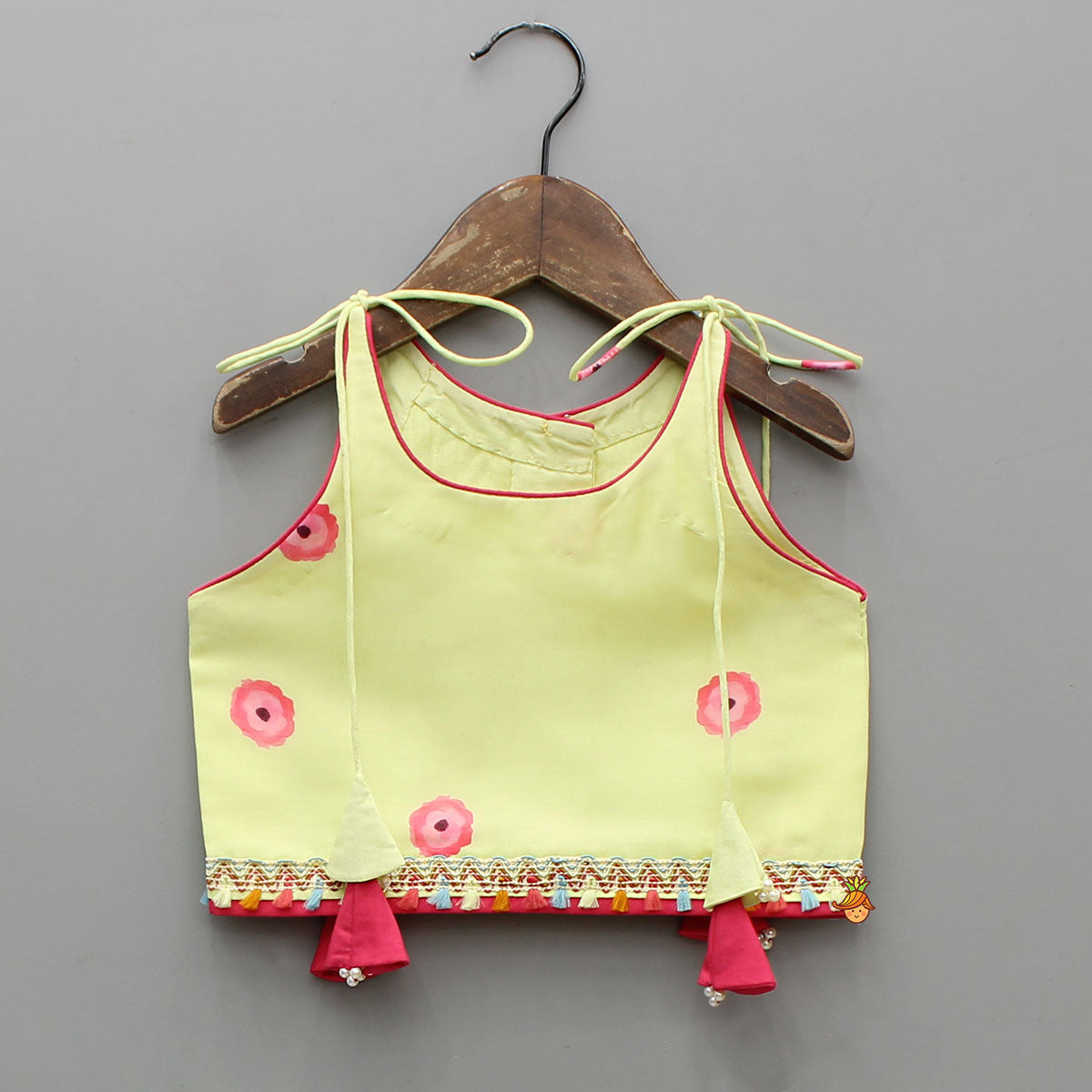 Yellow Floral Printed Tie Up Top With Matching Lehenga And Dupatta