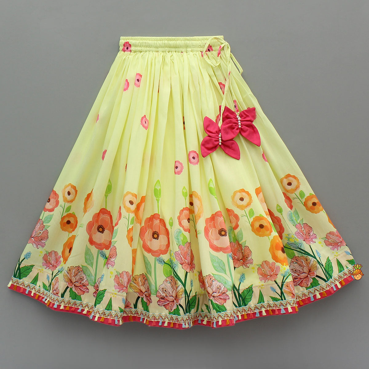 Yellow Floral Printed Tie Up Top With Matching Lehenga And Dupatta