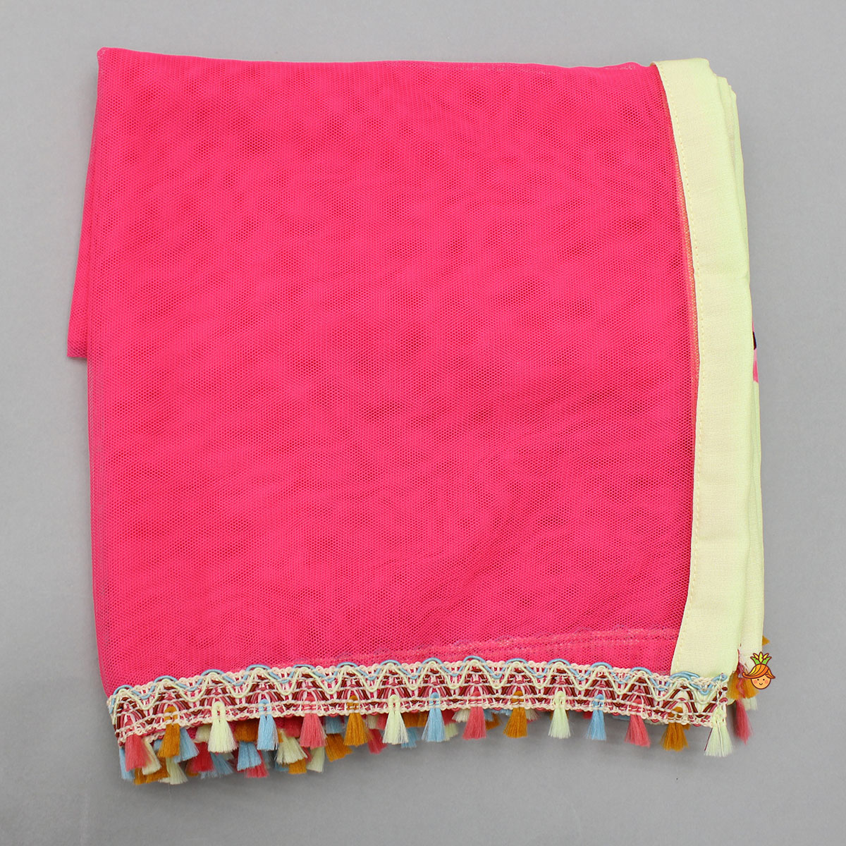 Yellow Floral Printed Tie Up Top With Matching Lehenga And Dupatta
