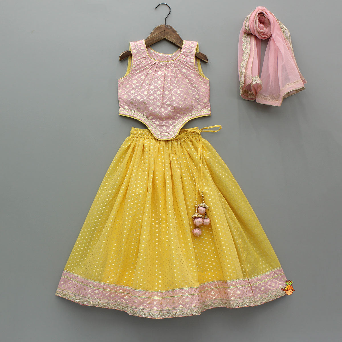 Pink Brocade Top With Yellow Chanderi Lehenga And Dupatta