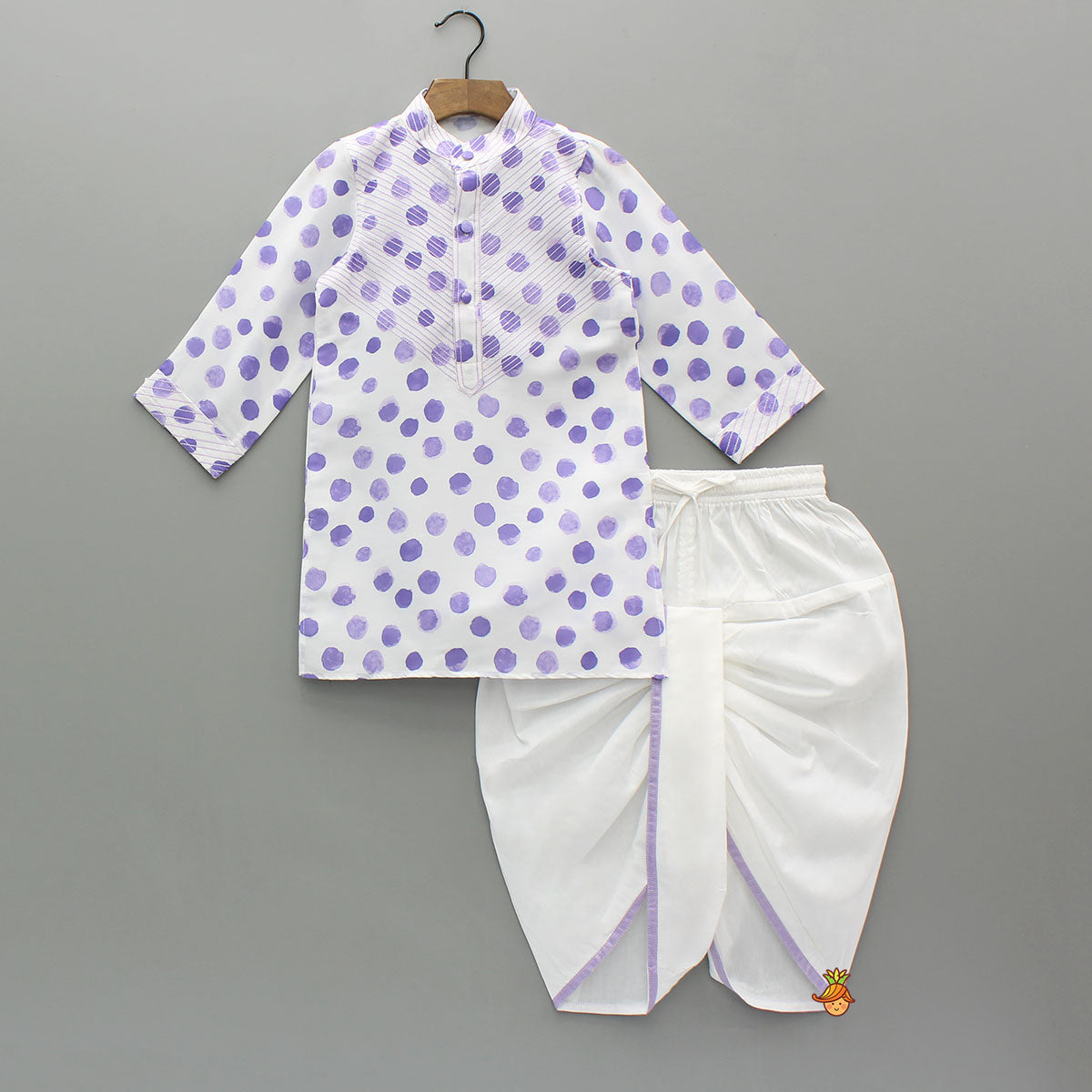 Thread Detailed Polka Dot Kurta With Dhoti