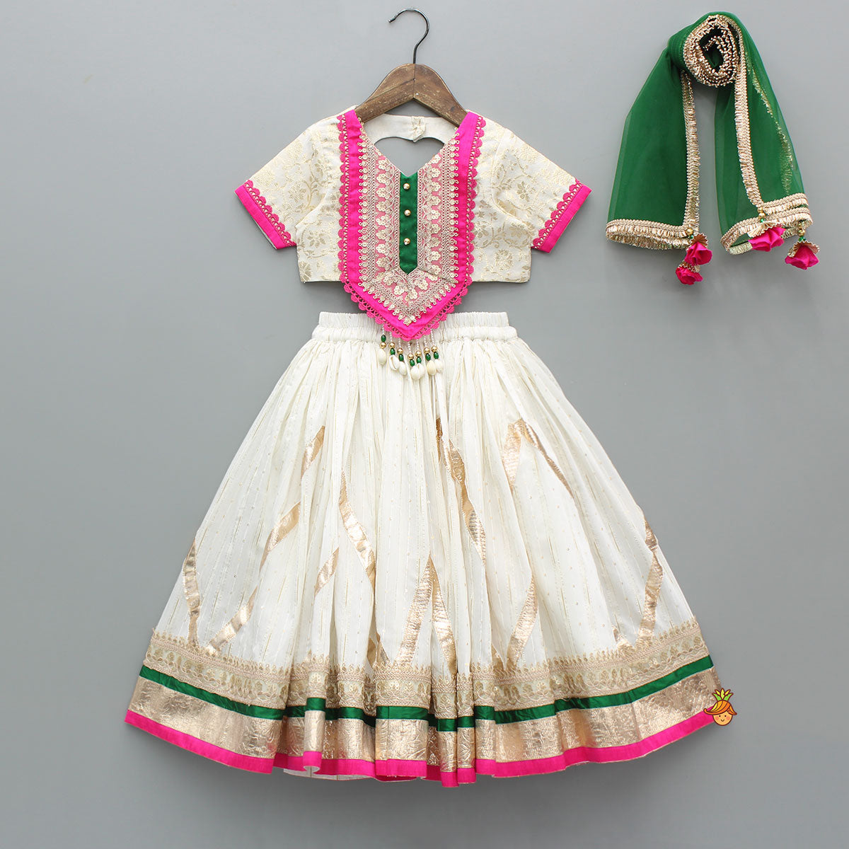 Off White Brocade Top With Lehenga And Dupatta