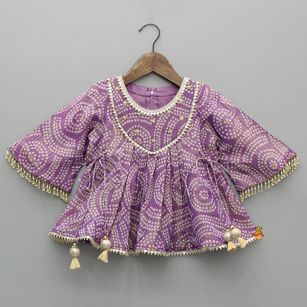 Side Knot-Detail Bandhani Printed Shimmer Top And Palazzo