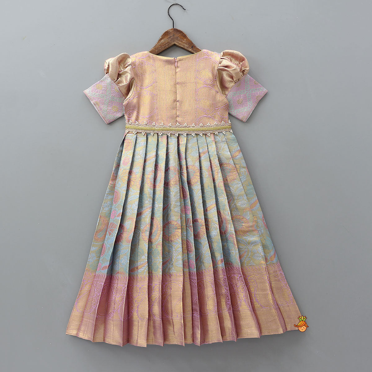 Elegant Brocade Puffed Sleeve Dress With Detachable Waistband