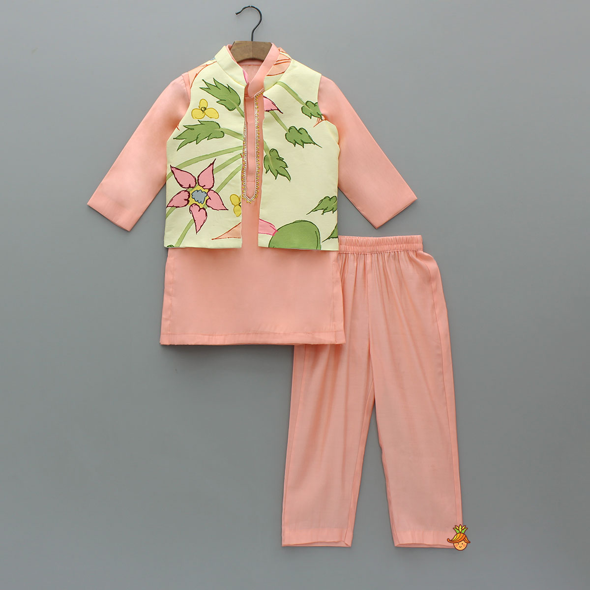 Ethnic Bead Detailed Kurta With Front Open Floral Jacket And Pyjama