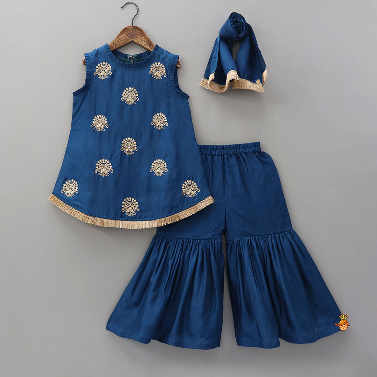 Pleat Detailed Zari Embroidered Kurti With Sharara And Dupatta