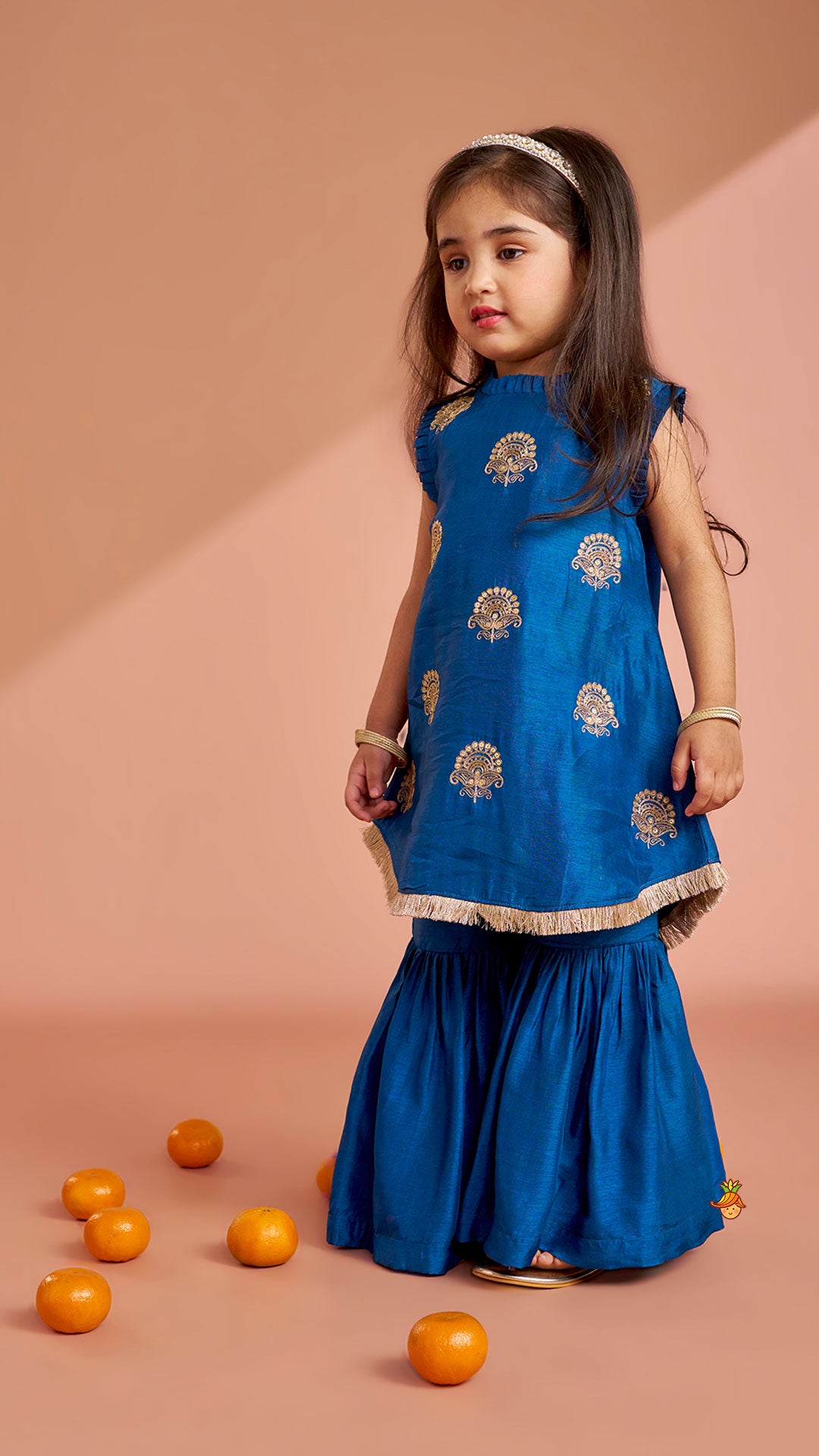 Pleat Detailed Zari Embroidered Kurti With Sharara And Dupatta