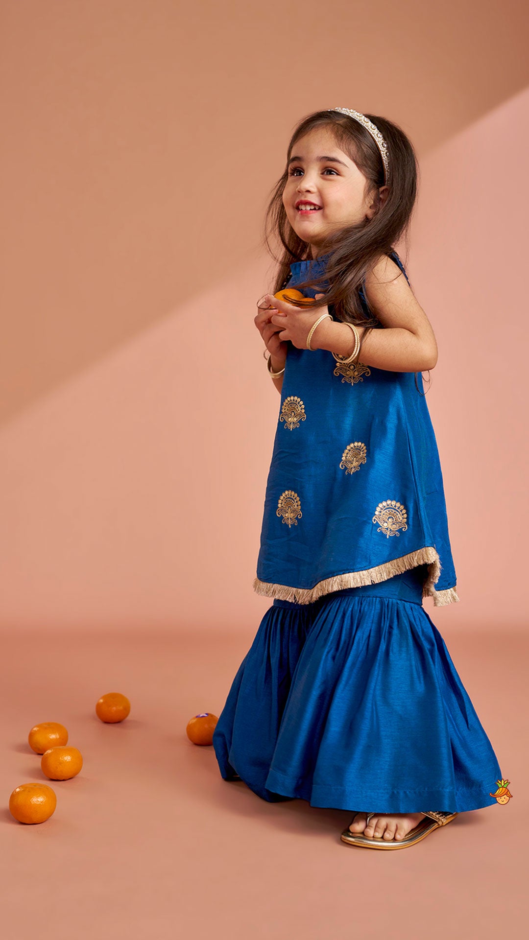 Pleat Detailed Zari Embroidered Kurti With Sharara And Dupatta