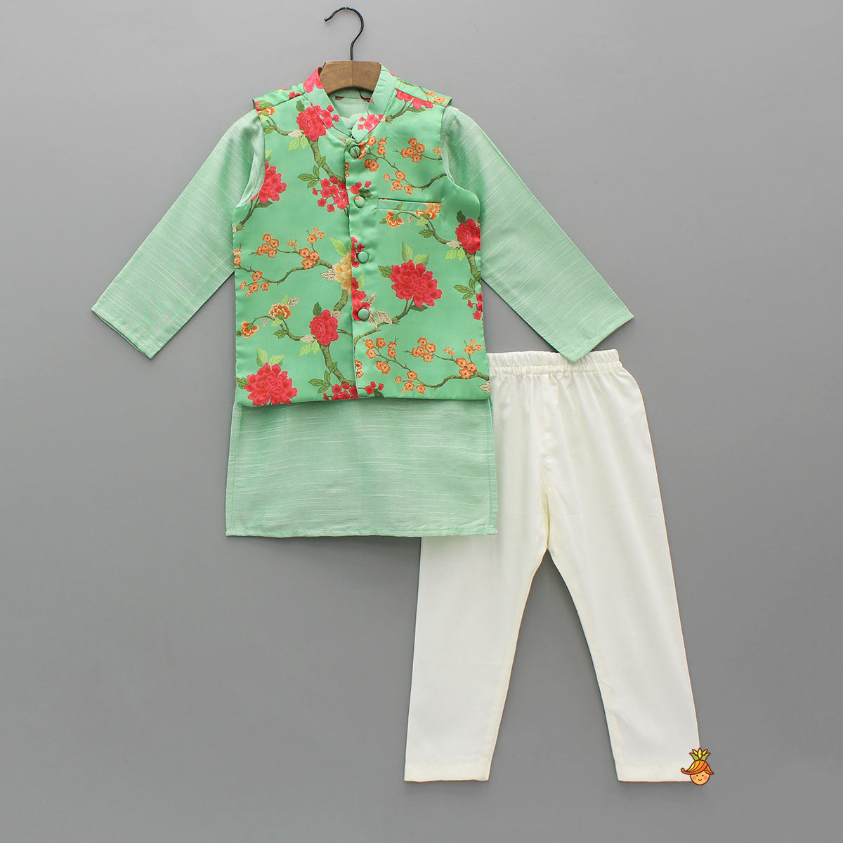 Green Ethnic Kurta With Floral Printed Jacket And Pyjama
