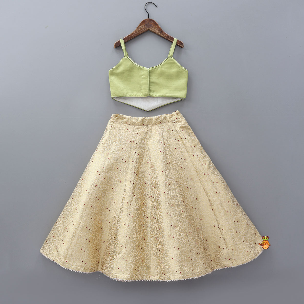 Strappy Green Embroidered Yoke Top And Brocade Lehenga