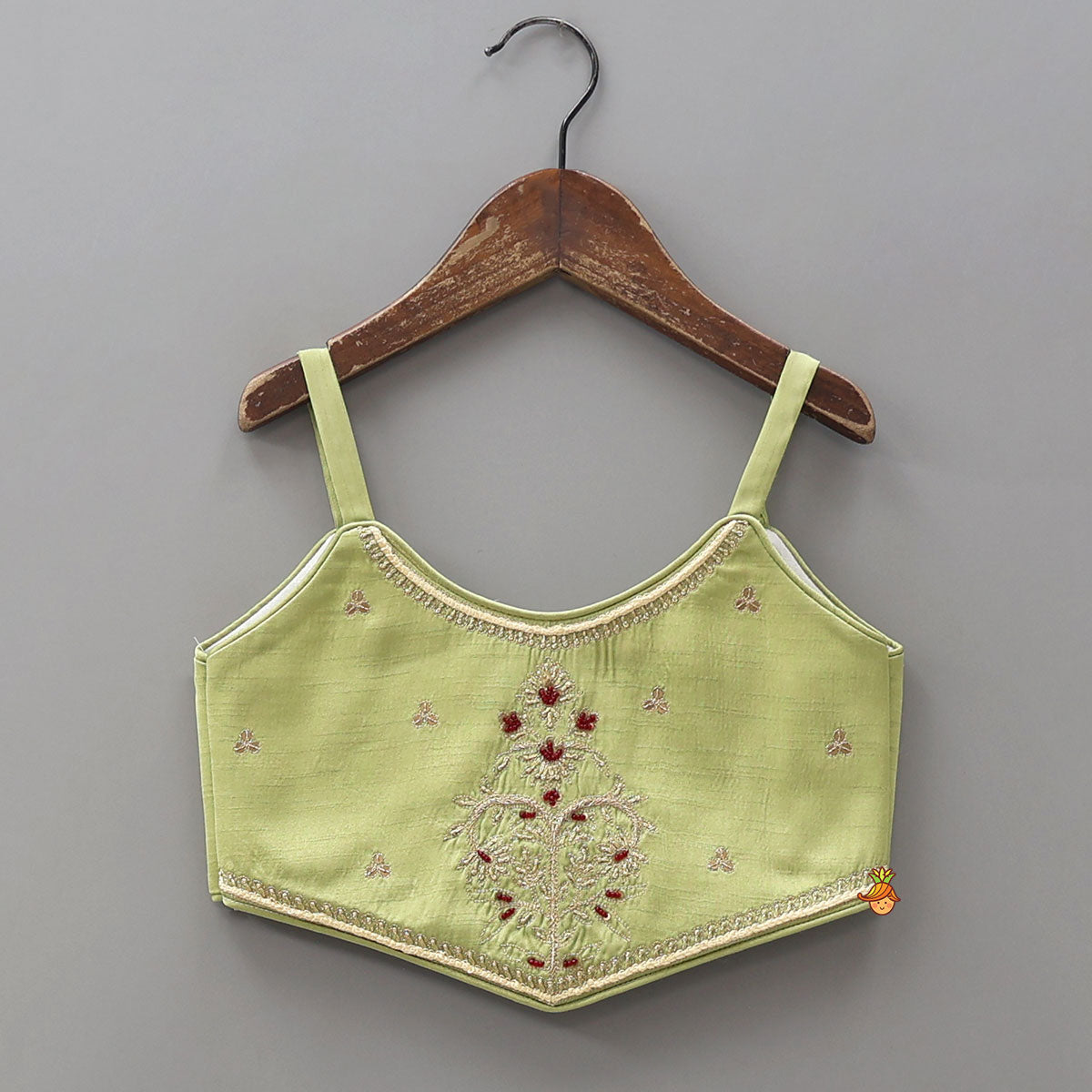 Strappy Green Embroidered Yoke Top And Brocade Lehenga