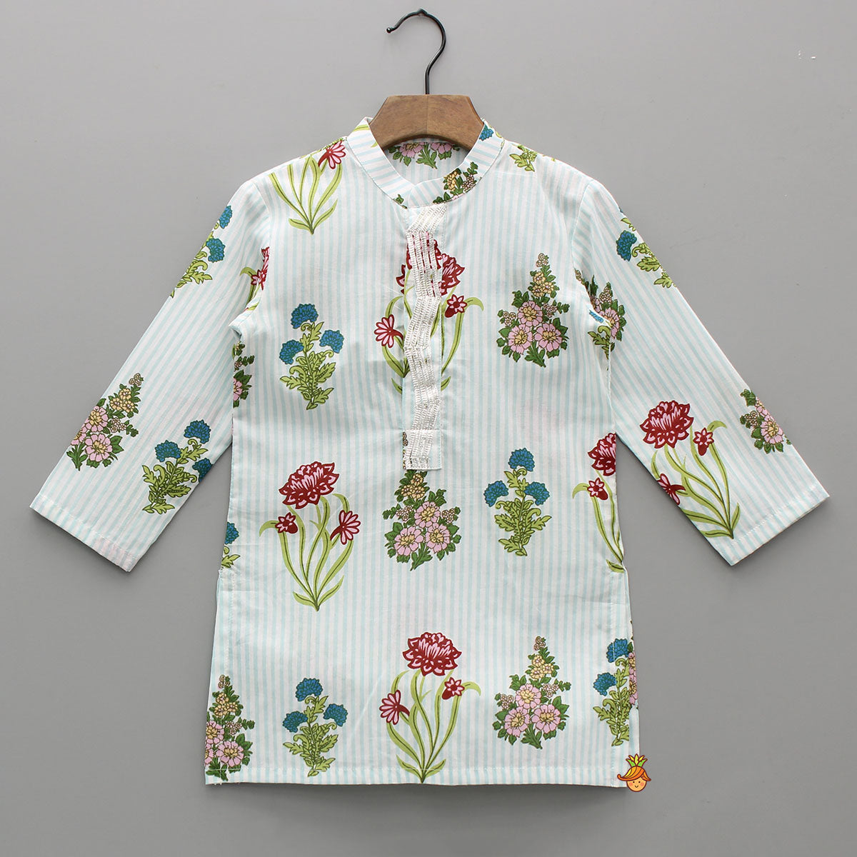 Floral Printed Striped Kurta With Front Open Floral Jacket And Pyjama