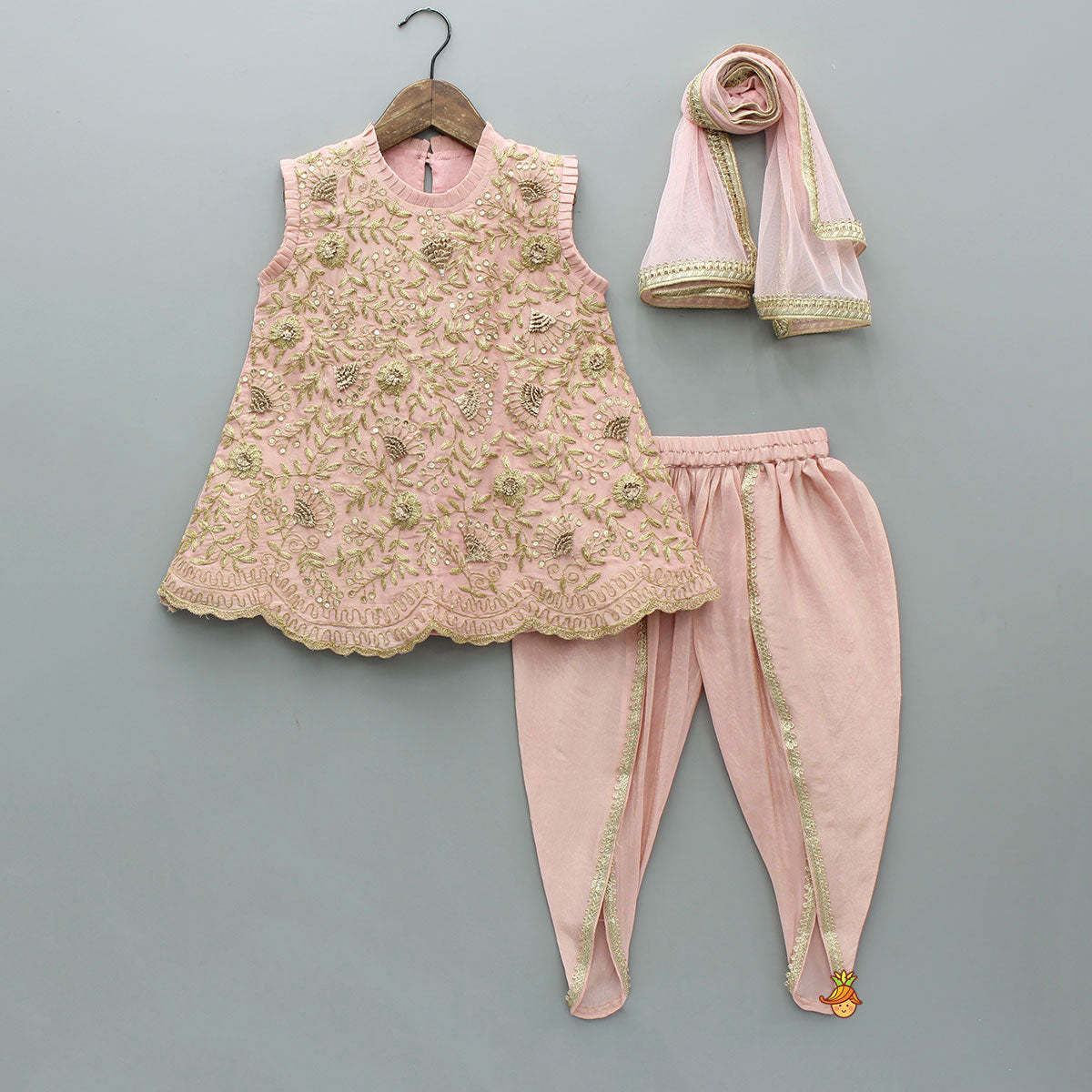 Stunning Shimmery Floral Embroidered Pleat Detailed Top With Shimmery Dhoti And Dupatta