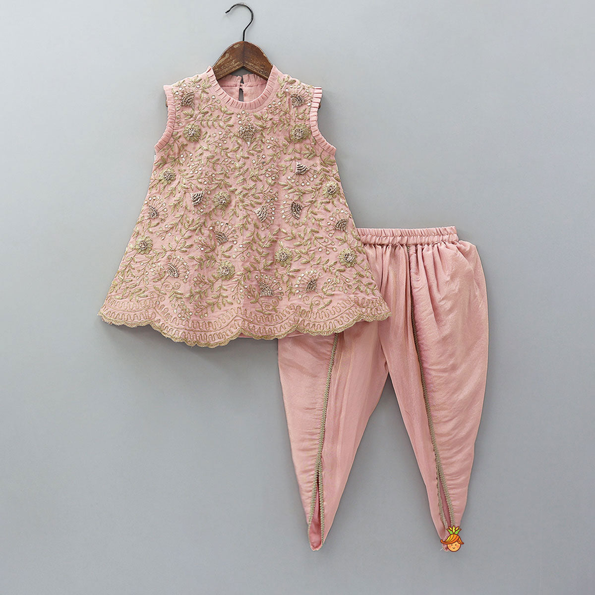 Stunning Shimmery Floral Embroidered Pleat Detailed Top With Shimmery Dhoti And Dupatta