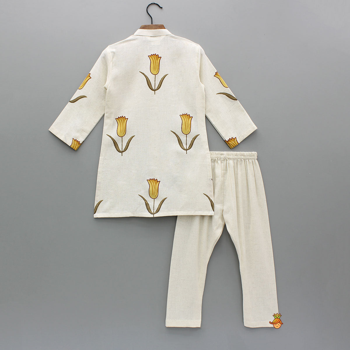 Yellow Tulip Printed Khadi Cotton Kurta And Pyjama