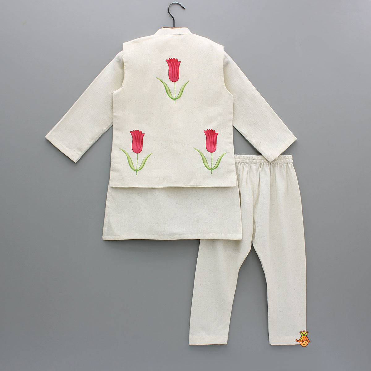 Off White Khadi Kurta With Red Tulip Printed Jacket And Pyjama