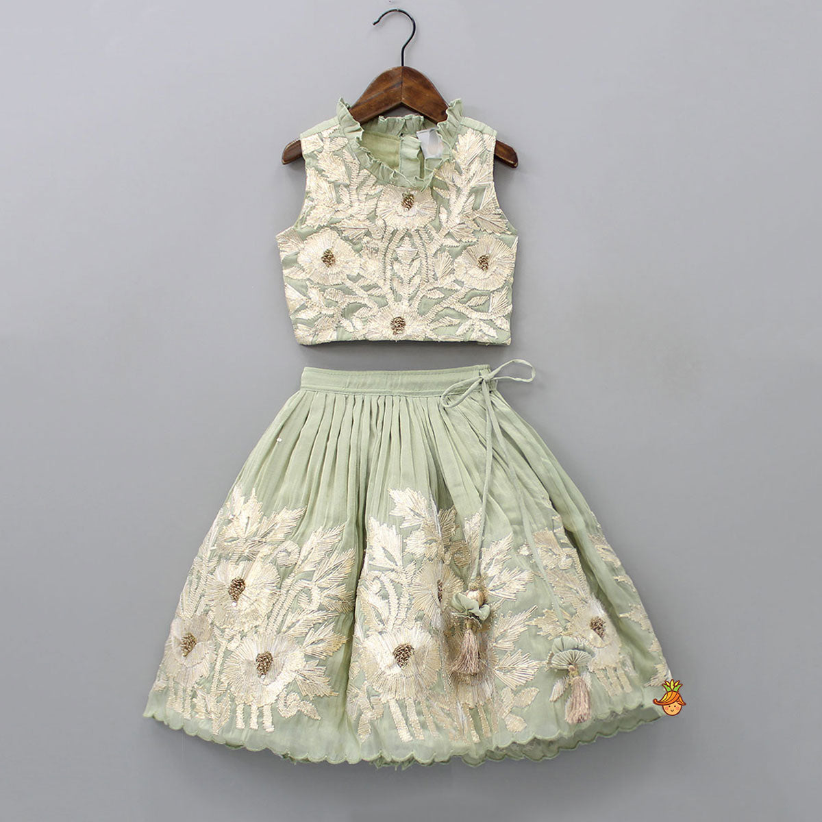 Gota Lace Detailed Green Top With Lehenga