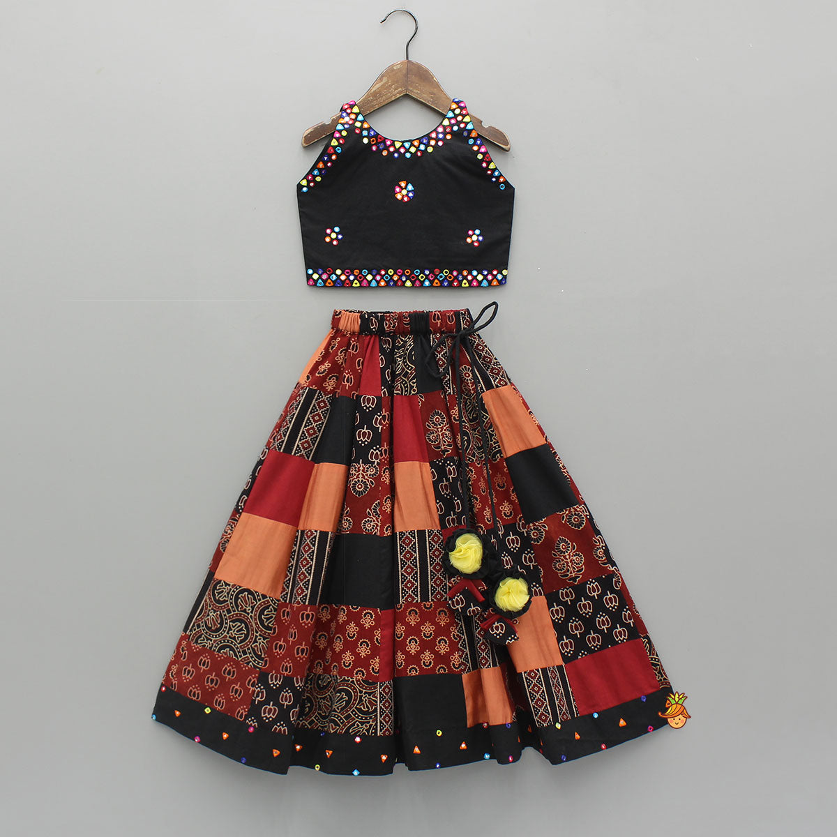 Mirror Embroidered Sleeveless Top With Printed Lehenga And Dupatta