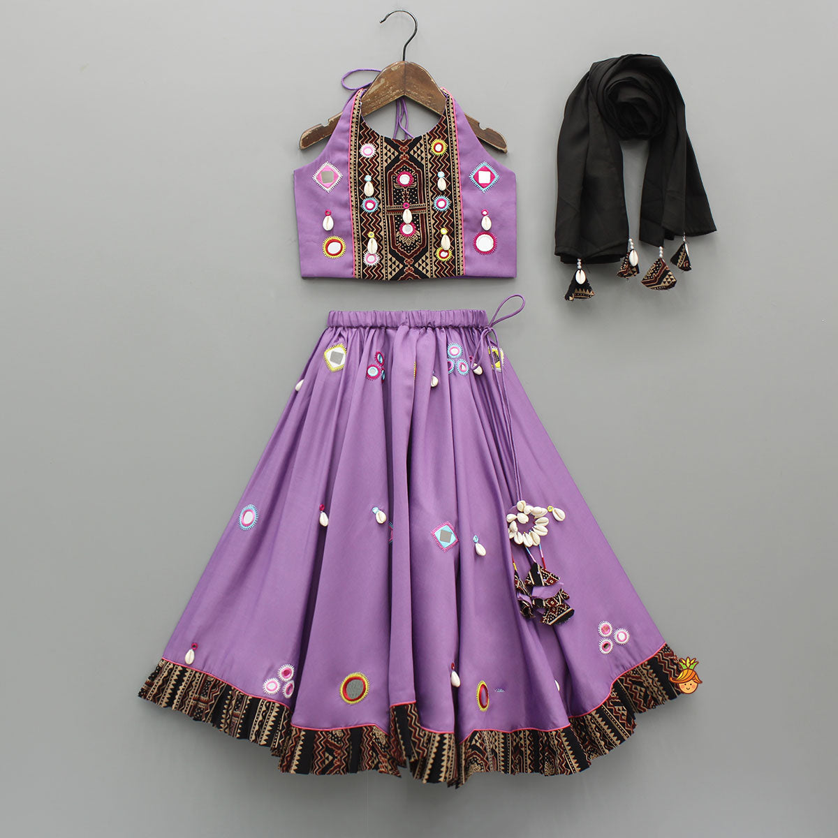 Mirror Embellished Halter Neck Purple Top With Matching Lehenga And Dupatta