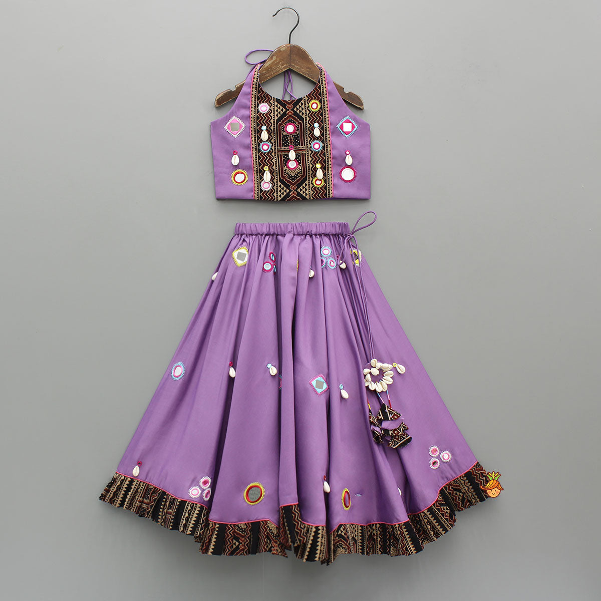 Mirror Embellished Halter Neck Purple Top With Matching Lehenga And Dupatta