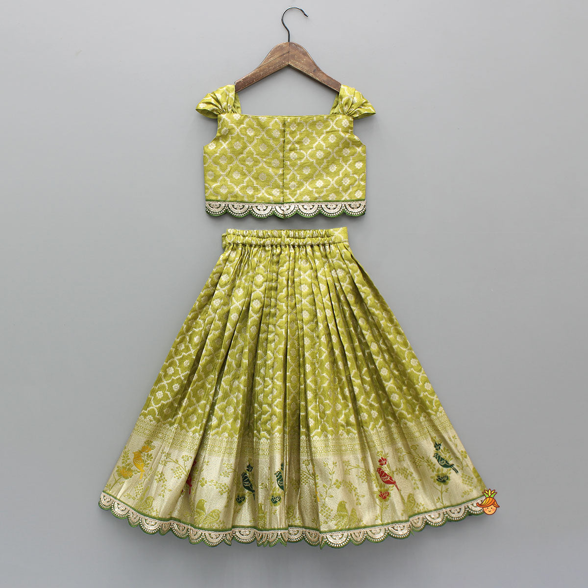 Green Scallop Brocade Top With Pleat Detailed Brocade Lehenga