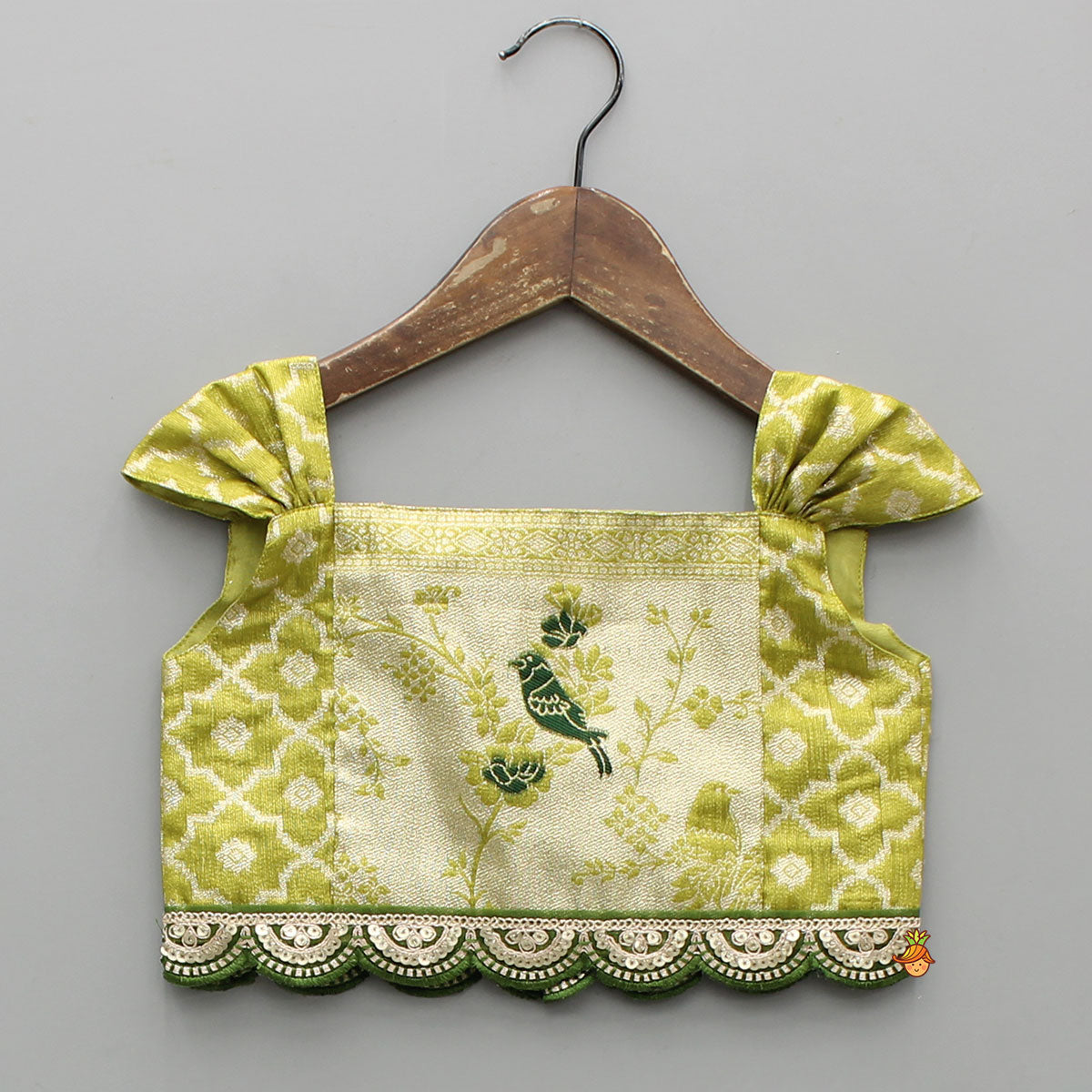 Green Scallop Brocade Top With Pleat Detailed Brocade Lehenga