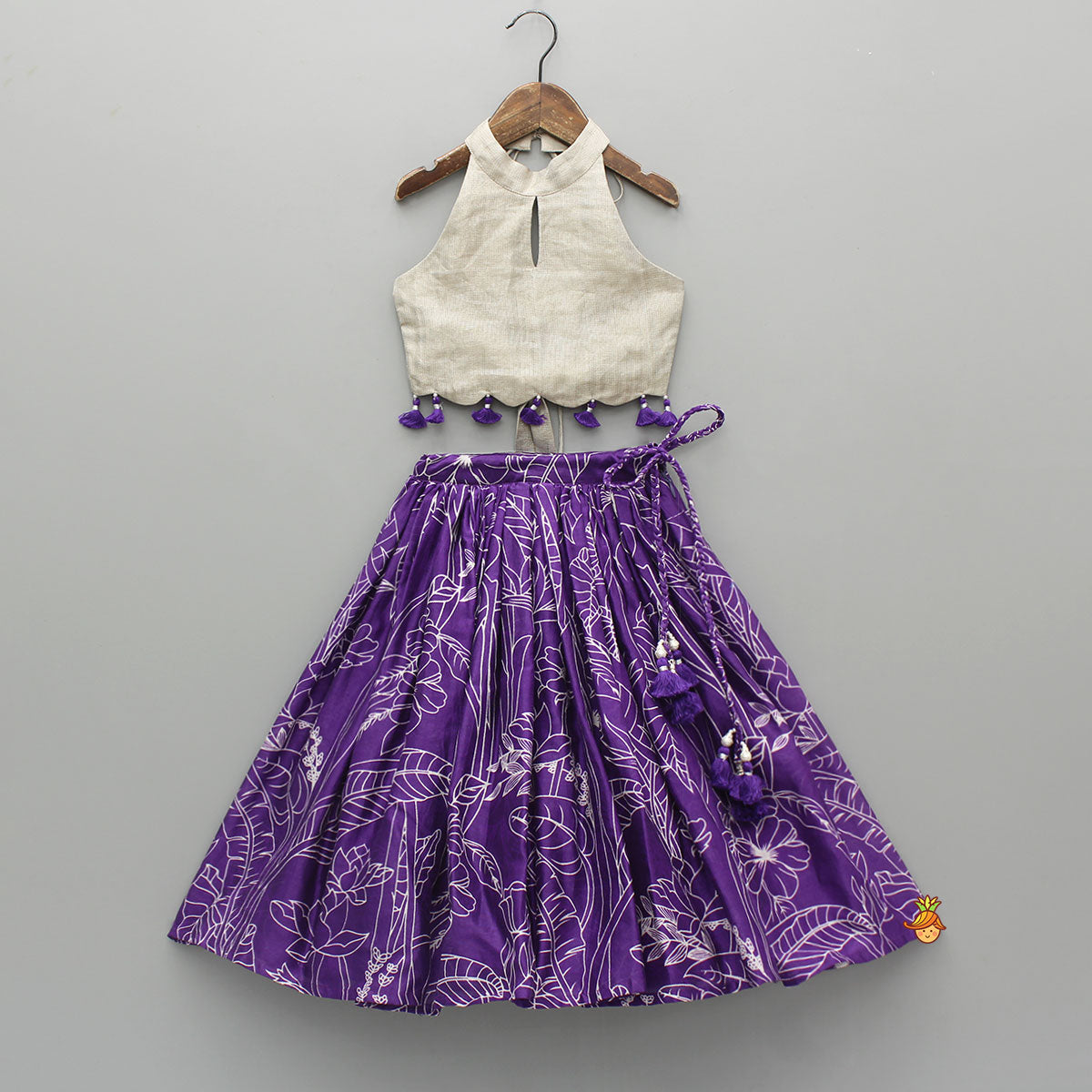 Sheen Halter Neck Top With Floral Printed Lehenga