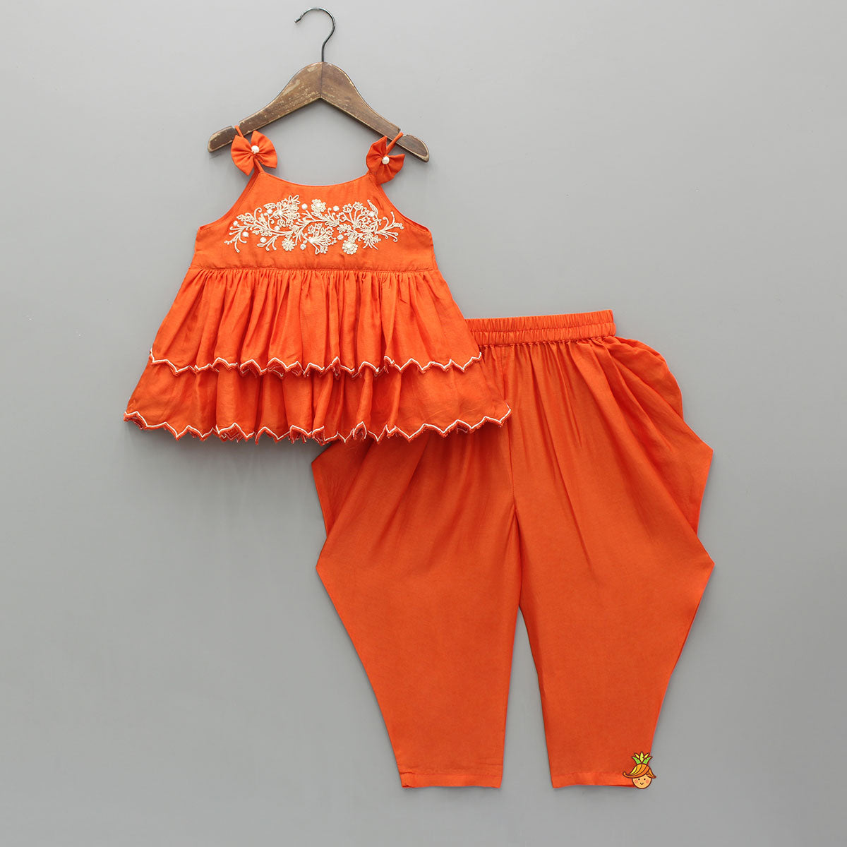 Adorable Bow Detailed Embroidered Tiered Top With Dhoti